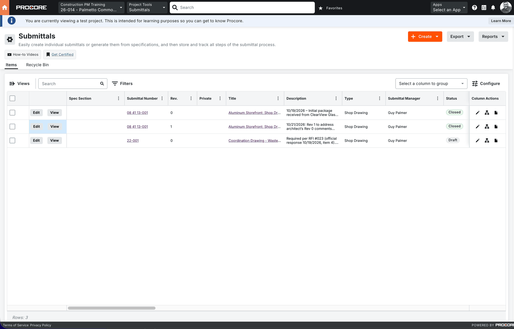 Procore submittal log showing 08 41 13-001 Rev 0 closed, Rev 1 closed, and coordination drawing 22-001 in draft.